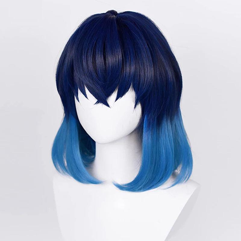 Hochwertige Hashibira Inosuke Cosplay-Perücke Blaues Ombre Hitzebeständiges Haar Anime Rollenspiel-Perücken +Perückenkappe