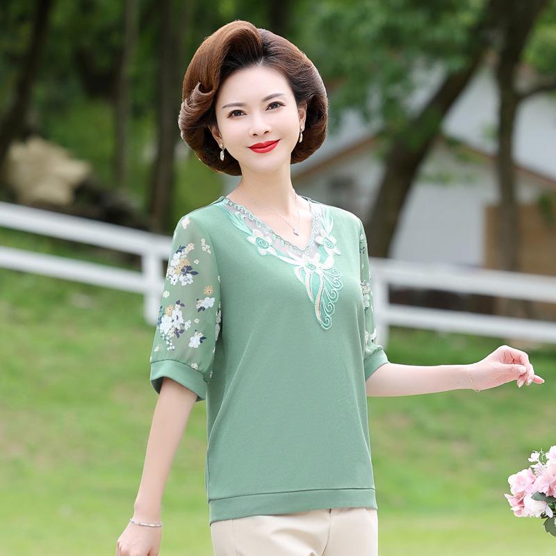 Mom's Summer Chiffon Short Sleeve Top: Stylish 2025 T-Shirt for Middle-Aged & Elderly Women