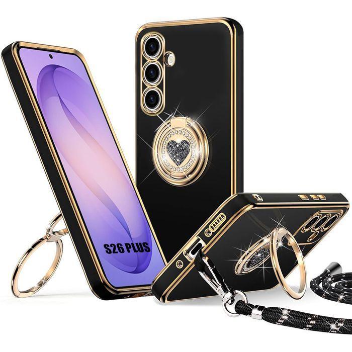 Coque Silicone - BOOLING - pour Samsung Galaxy S26 Plus - avec Cordon et Anneau Motif Cœur - Noir