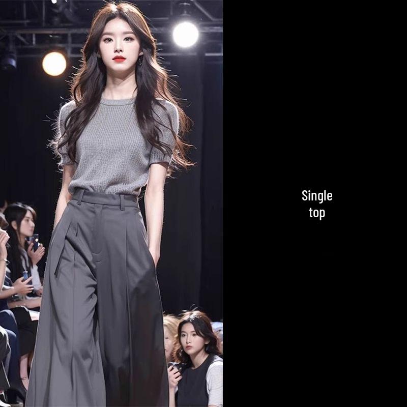 

Grey Knit Minimalist Blazer & Wide-Leg Pants Summer Set S