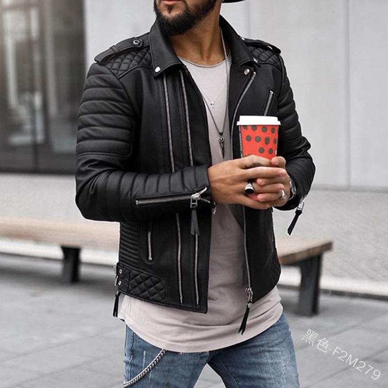 New autumn and winter men's route thickened lapel cotton clothes European and American zipper solid color leather jacket men
