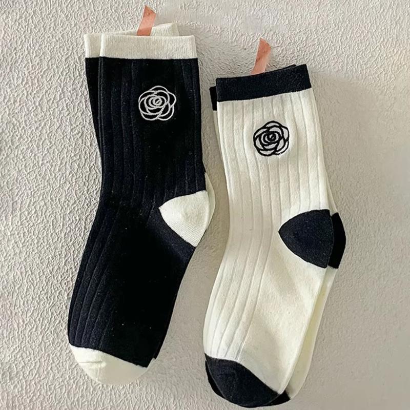 Sweet Lolita Flower Cotton Socks Japanese Camellia Rose Socks Women Girls Students Ins Skirt Matching Black White Mid-tube Sock
