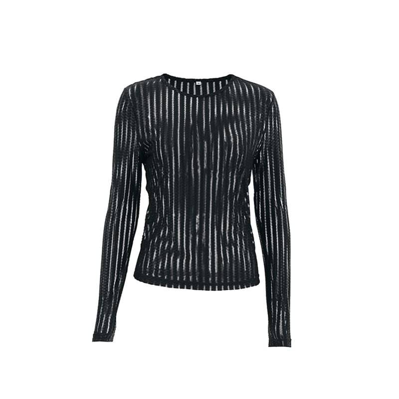 

European and American Black Lace Perspective Top Sexy round Neck T-shirt Slim fit Slimming Stripe Design Black L(Suggested 57.50 kg-62.50 kg)