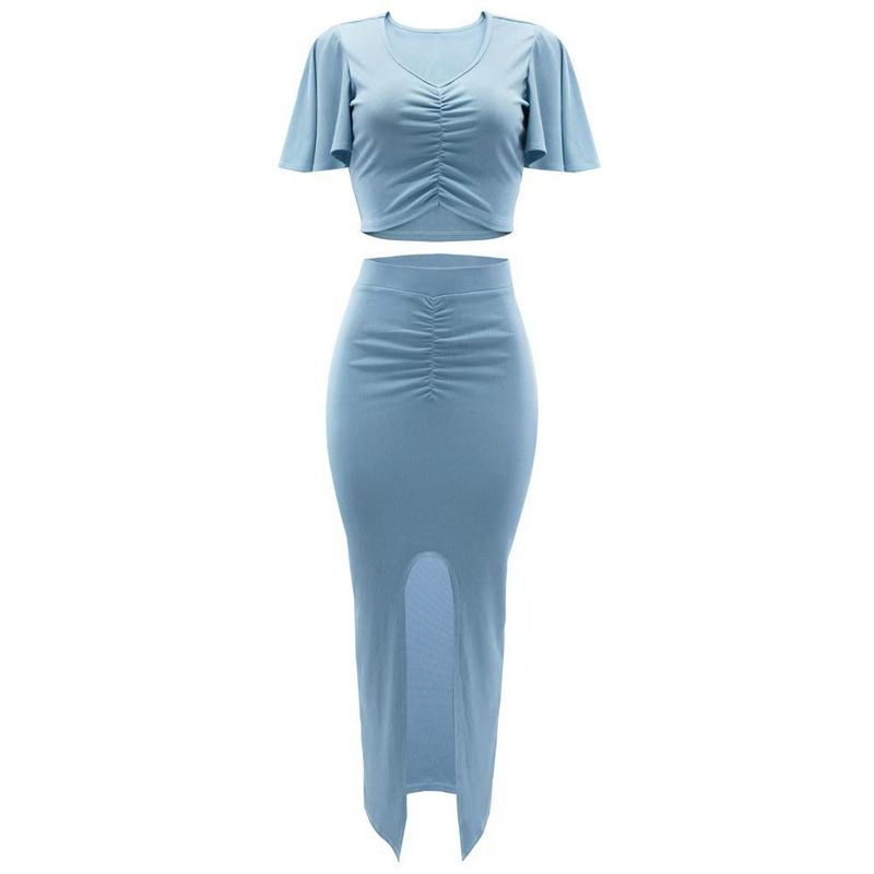 Western Style New Lotus Leaf Sleeve Navel V-neck Top Split Hip Skirt Two-piece Set Top and Skirt Set