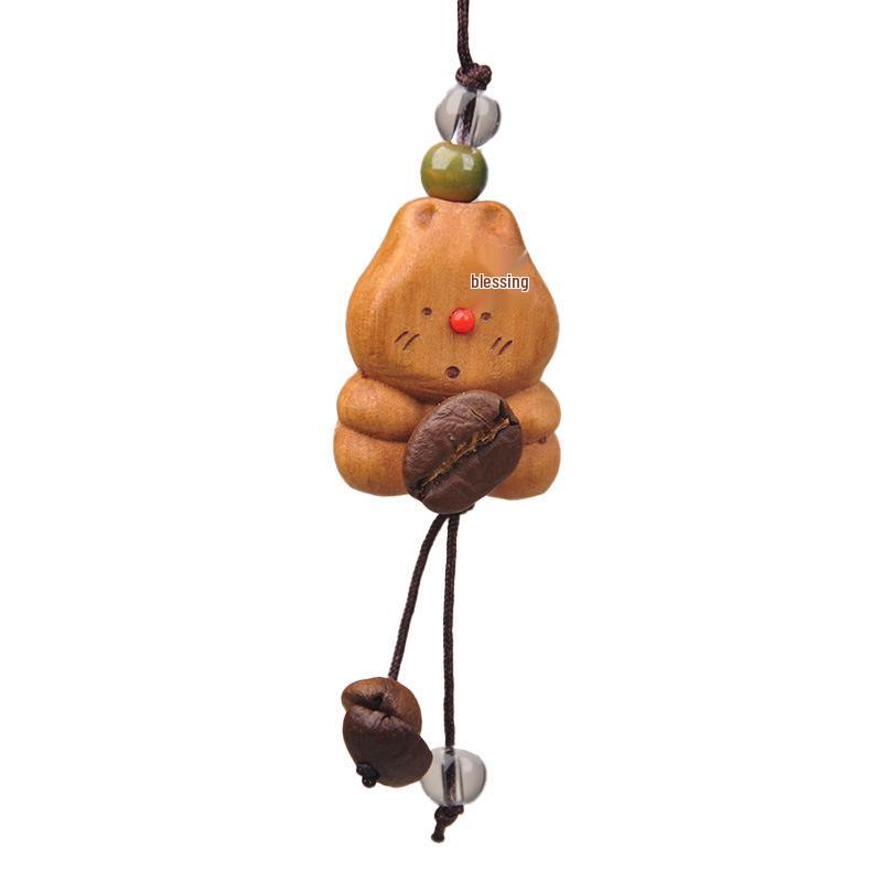Peach Wood Coffee Bean Teddy Bear Heart Handbag Charm Pendant Keychain