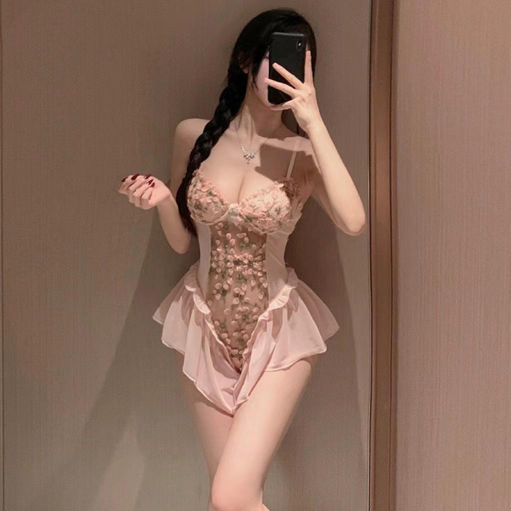 Women's Ladies Sexy Lace Sling Bra Panties Mesh Stitched Lace Pendant Butterfly Four-piece Split Sexy Suit