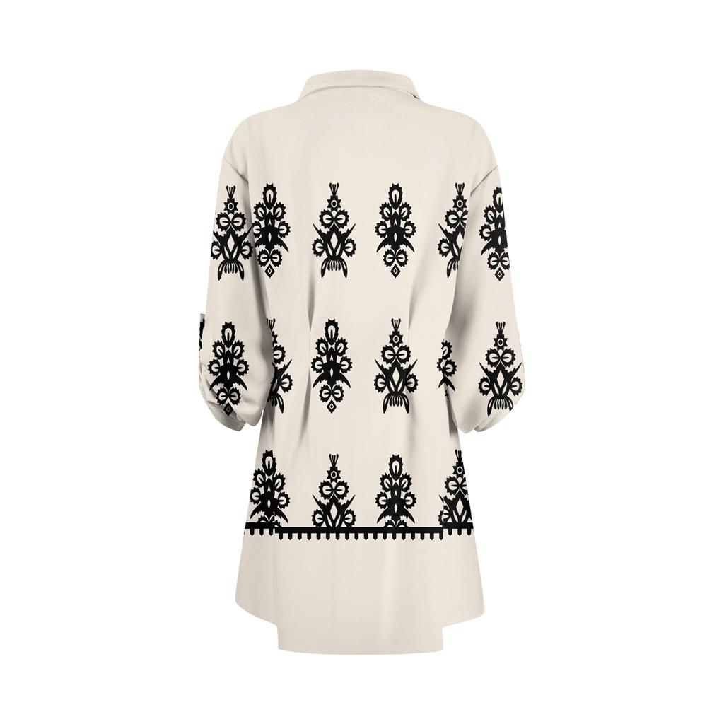 Women's Loose-fitting V-neck Long-sleeved Dress Print Work Shirt Dress