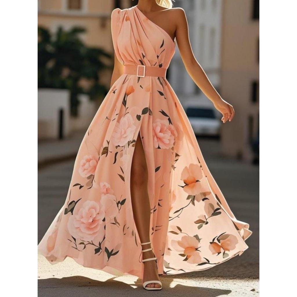Women's Cocktail & Evening Dresses - Daily Women's One Shoulder Digital Print Sleeveless Maxi Dress with Belt