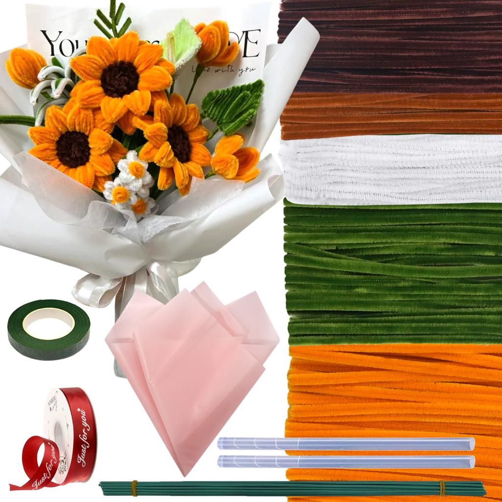 280pcs Golden Yellow Sunflower Pipe Cleaners With 20 Flower Stem Wire 1 Garden Tape 1 Warp Paper 1 Silk Ribbon 2 Glue Stickers