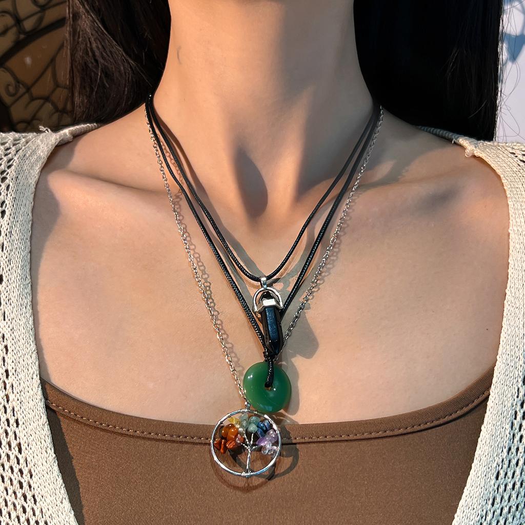 Personalized Safety Buckle Leather Wax Thread Necklace, Retro Stacked Colored Crystal Tree Pendant Necklace