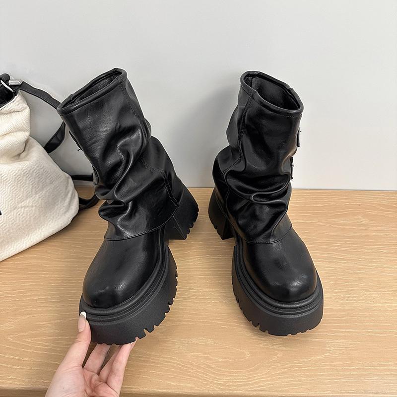 

Fashion Booties Women s 2025 New Summer Handsome and Versatile Small Platform Mid-leg Boots 35 чёрный