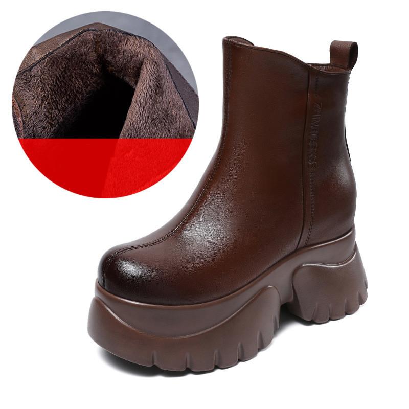 Johnature Round Toe Thick Soled Short Boots Genuine Leather High Heels Vintage Women's Platform Boots