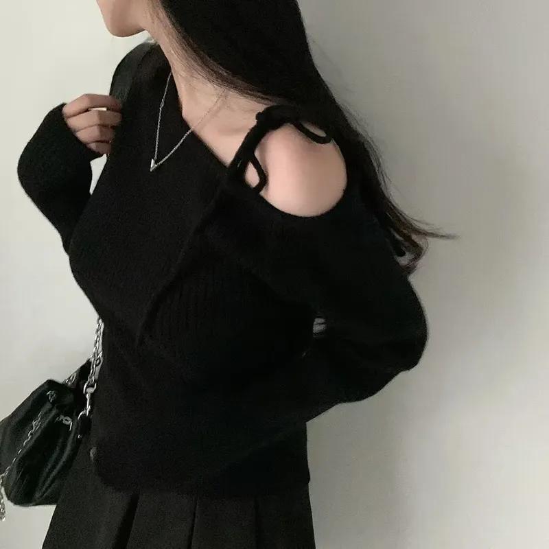 Autumn Winter Irregular Off Shoulder Sexy Sweater Ladies Lace-up Slim Fit Long Sleeve Knitted Women's Sweaters Solid Casual Female Jumpers Tops 30981