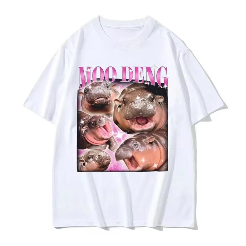 Cute Moo Deng Baby Hippo Funny Meme T Shirts Women Casual Short Sleeve T-shirt Vintage Hip Hop Streetwear Tshirt Tops