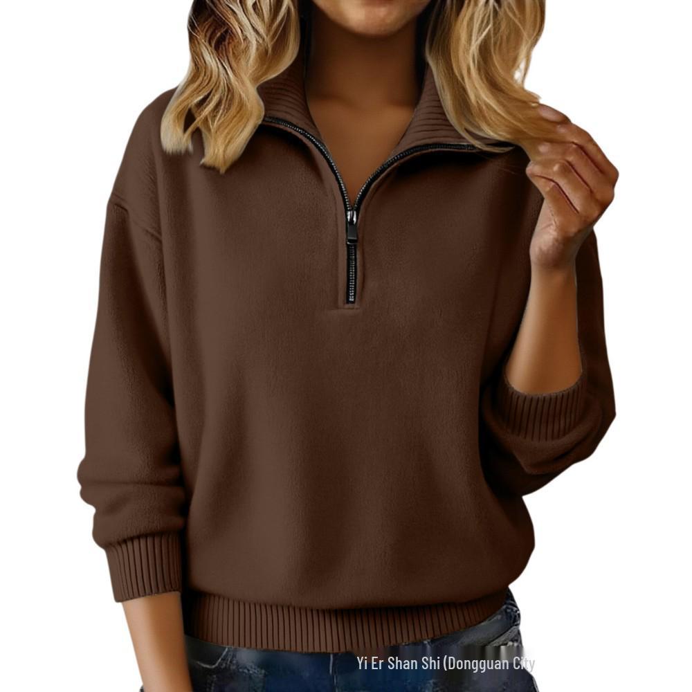 Pull en tricot pour femme 2026 à fermeture éclair et col revers - Coupe ample à manches longues pour un style décontracté