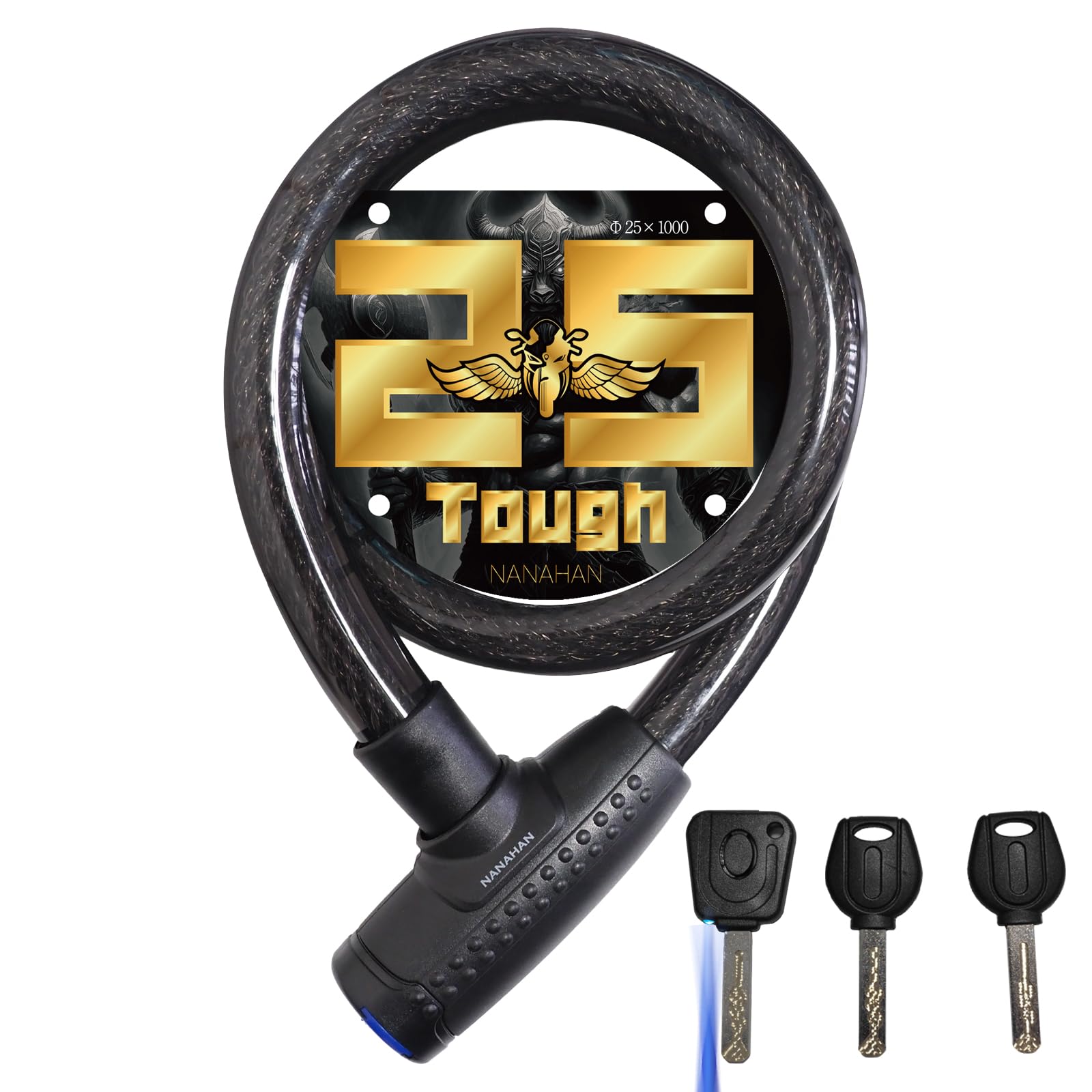 

NANAHAN Bike Extra Thick x 54 1 LED Key 2 Standard Made in Japan Lock, Breakthrough, 25mm 1000mm, Wires, High-Strength PVC, Anti-Theft, + Keys, чёрный