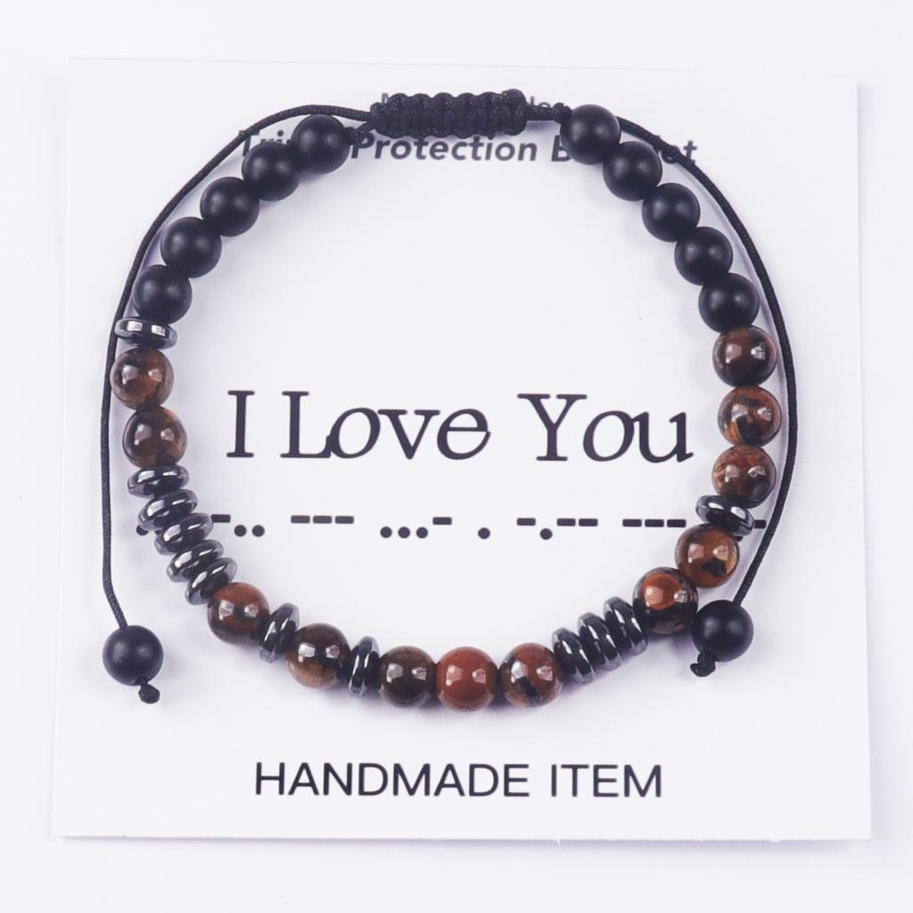 Woven Morse Code Bracelet 6mm Tiger's Eye Stone Black Frosted Code Bracelet Tiger's Eye Stone Morse Code Bracelet