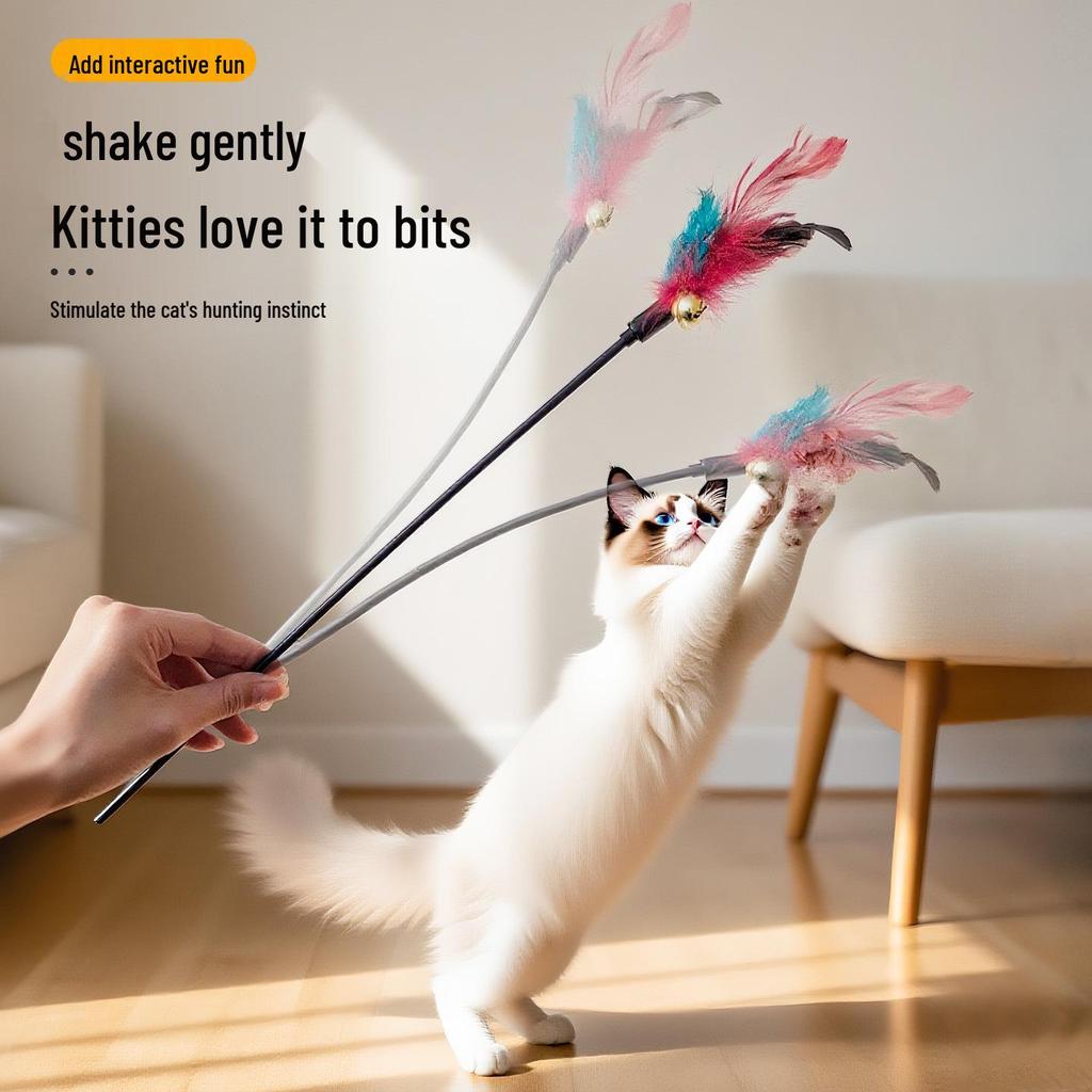 Colorful Feather Cat Teaser Wand with Bell - Interactive Toy for Boredom Relief