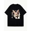 Übergroßes T-Shirt Schwarzer Hase bricht durch Wand Aufdruck Freizeitkleidung für Frauen Sommermode Streetstyle Top