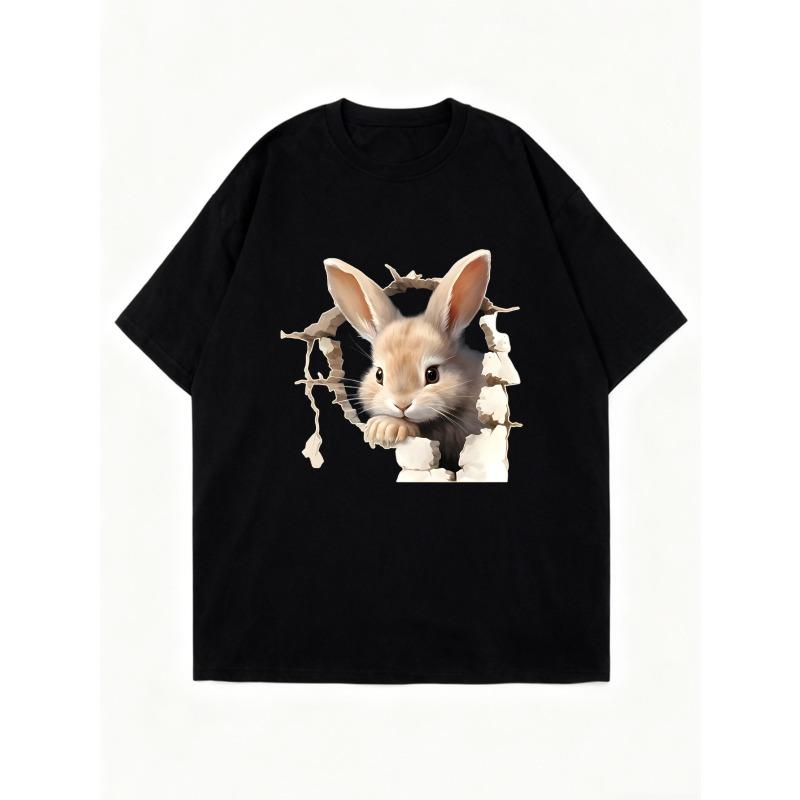 Übergroßes T-Shirt Schwarzer Hase bricht durch Wand Aufdruck Freizeitkleidung für Frauen Sommermode Streetstyle Top