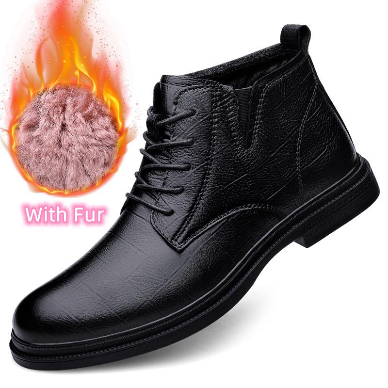 High Quality Lace-Up Male Ankle Boots Fashion Warm Plush Fur Winter Footwear Comfy Snow Shoes Genuine Leather Mens Chelsea Boots