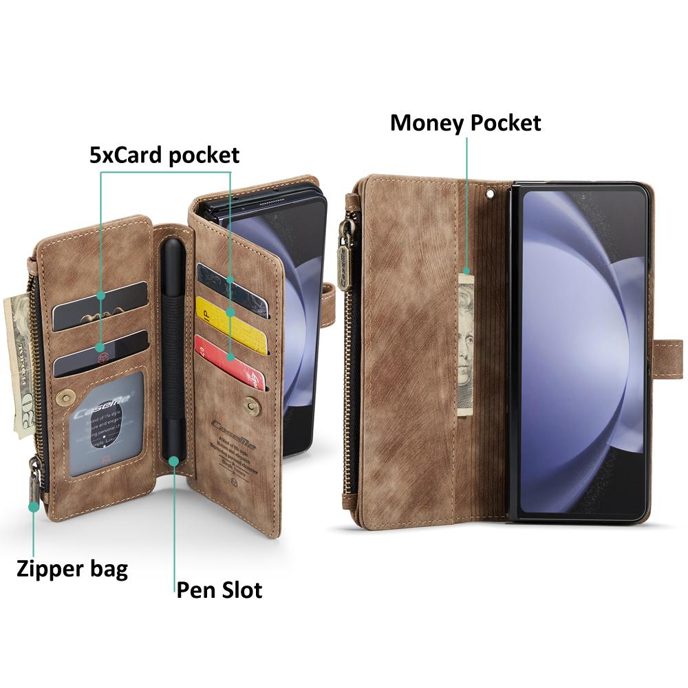 Business Retro Wallet Leather Flip Case For Samsung Galaxy Z Fold5 Fold 4 Z Fold 3 Coin Purse Zipper Wrist Strap