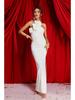White Ribbon Floral Halter Long Red Evening Dress - European & American Style