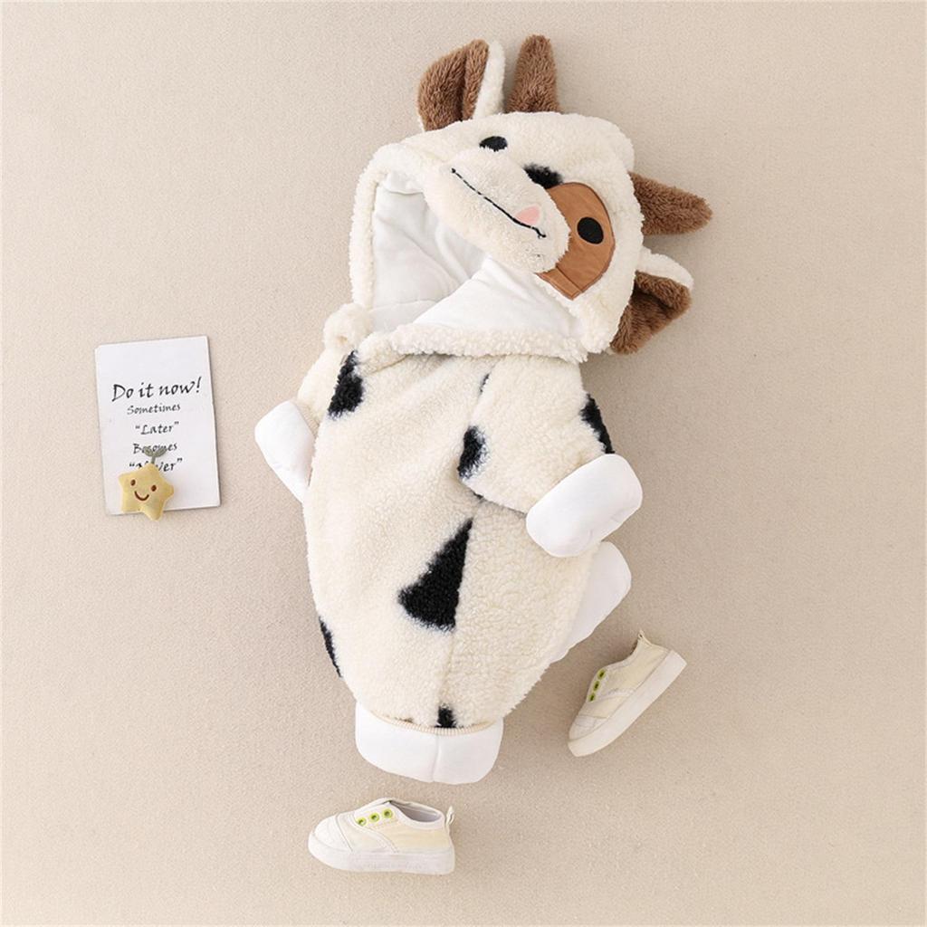 Baby Mädchen Jungen Winter Plüsch Overall Langarm Cartoon Kuh Print Reißverschluss Mit Kapuze Strampler