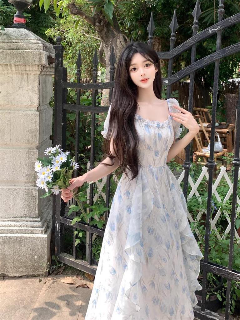 First Love Floral Chiffon Dress - Romantic Square Neck, Elegant Waist-Cinched, Slimming Design, Plus Size Fairy Summer Long Dress for Women
