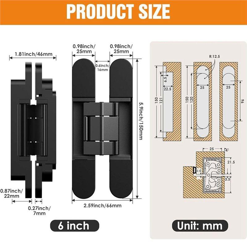 BAAJ 3-fach verstellbares Türband 6", Verdecktes Scharniergelenk 180° Leiser Schwenk für bündige Türen