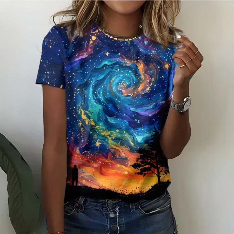 Top Blouse Woman Trend Women 3D Galaxy Print T Shirts Glitter Shirts Blouse Fashionable Starry Sky Summer Ropa Para Shirt