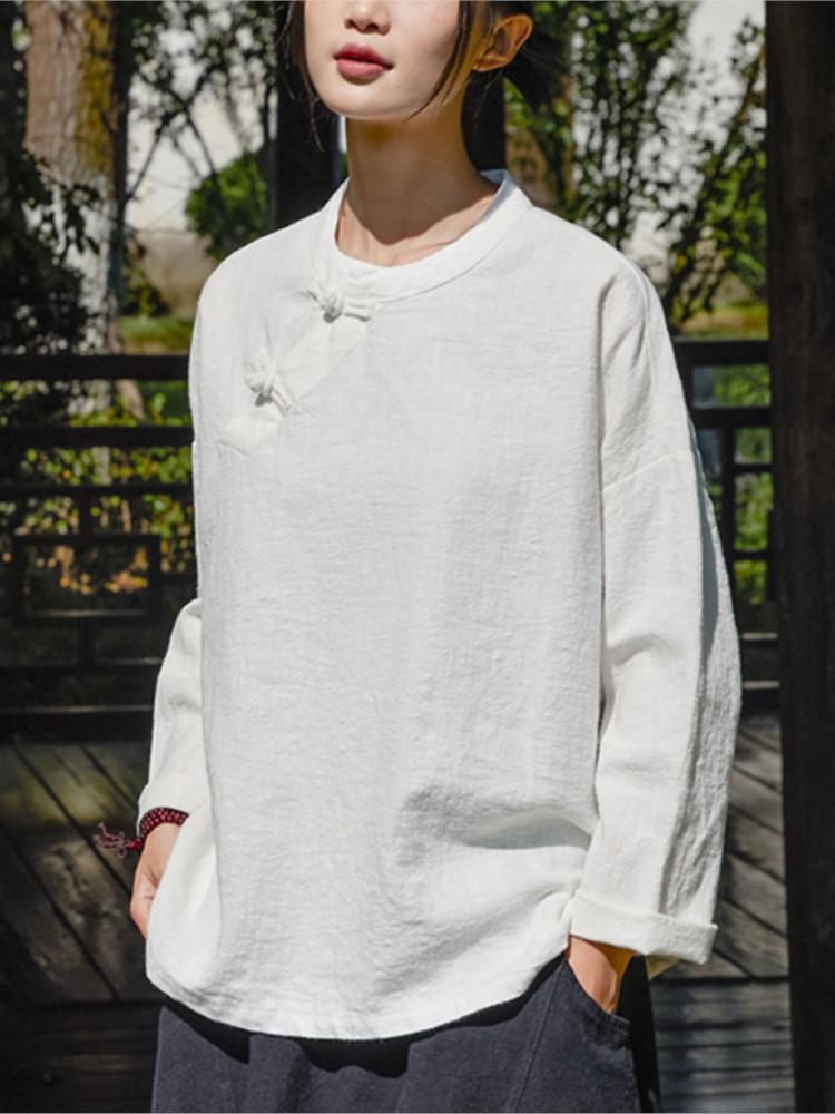 

Johnature женские винтажные льняные рубашки топы блузки со стойкой с длинными рукавами весенние однотонные женские рубашки на пуговицах One Size белый