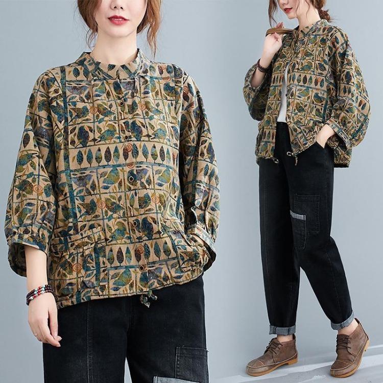 Retro Floral Printed Cotton Linen Blouse Women Spring Autumn Top Loose Large Size Shirt