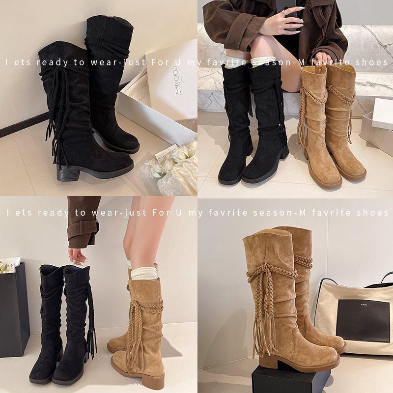 Wind autumn pile boots women's short boots wasteland thick heel new retro cowboy boots western Xinjiang tourism fringe 2025