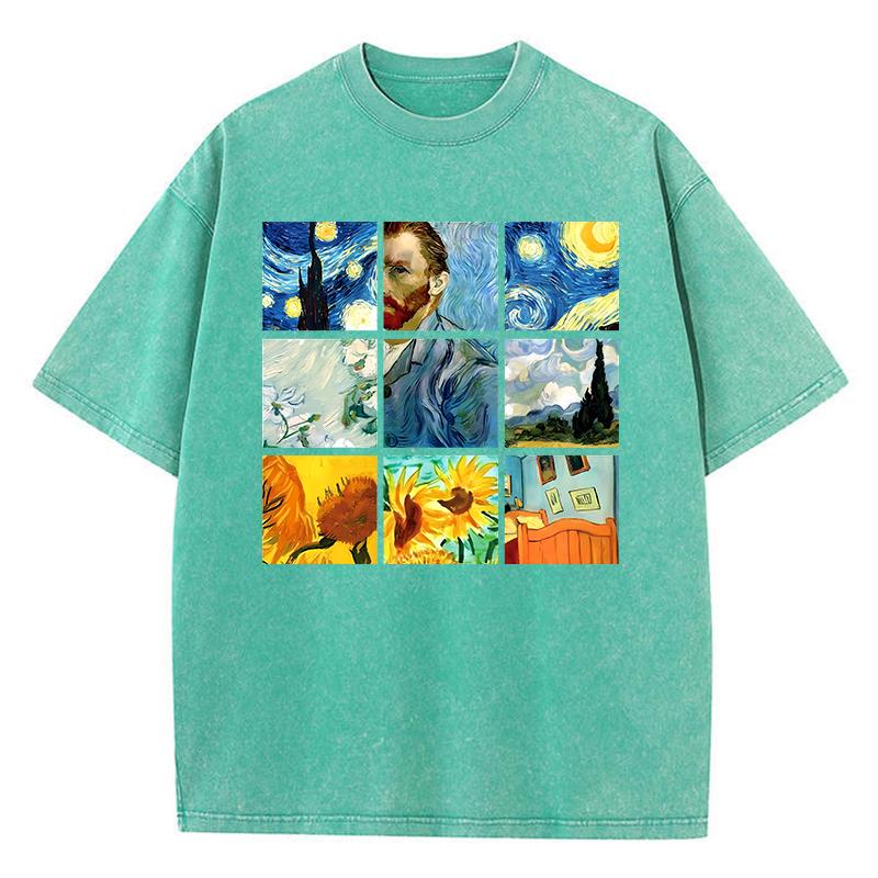 

Cotton Woman Washed T-Shirts Van Gogh S Starry Night And Sunflowers Prints Tops Distressed Oversized Tees Casual Female Clothes 3XL