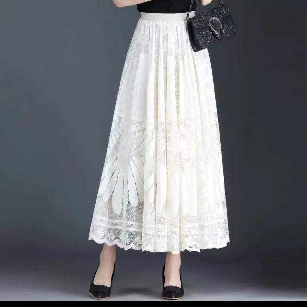 Lace Large Flower Umbrella Skirt for Spring and Summer, High Waist, Slimming and Big Swing, A-line Mesh Skirt, Mid Length Skirt, Women's Skirt