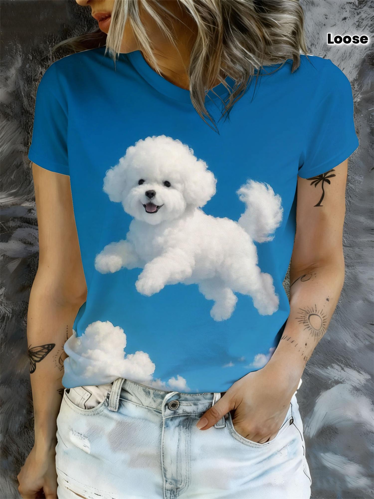 

Sky Blue Background with Cloud Patterns Featuring a Teddy Bear Dog Print. This Women S Round-Neck T-Shirt Has a Whimsical And Vibe with Its Loose Shor S дубильная кора