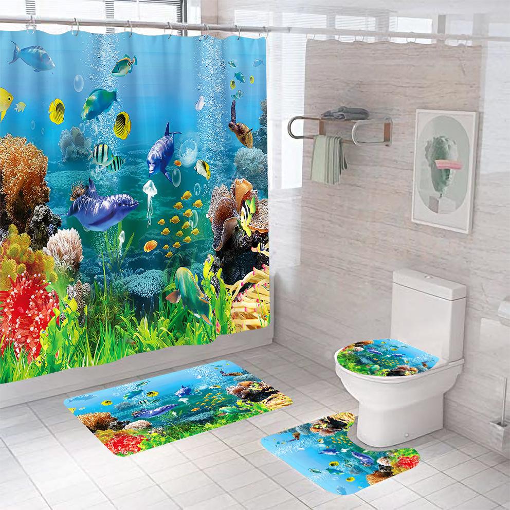 Bathroom Shower Curtain Four-piece Digital Printing Sand Underwater World Waterproof Shower Curtain Shower Curtain Partition Curtain Bath Mat