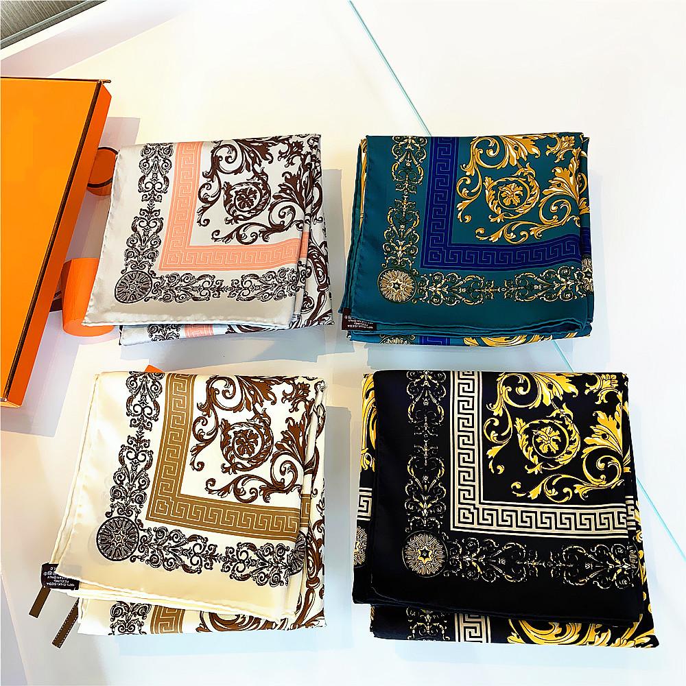 90CM Luxury Brand Flower Totem Manual Hand Rolled Twill Silk Scarf Women Curled Square Scarve Foulard Femme Wrap Bandana Hijab