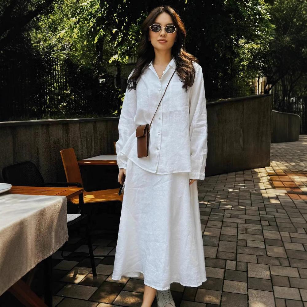 Women's Casual Loose-Fit Linen Cotton Shirt - Solid Color, Long-Sleeved, White