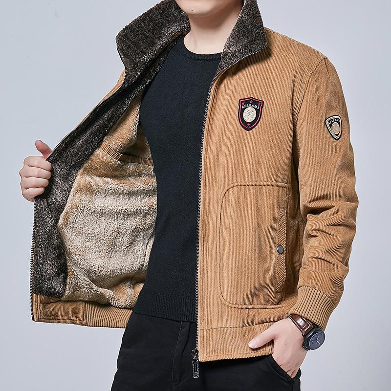 Autumn and Winter Men's Fleece Jacket Youth Corduroy Top Lapel Casual Jacket Men's Cotton-padded Clothes