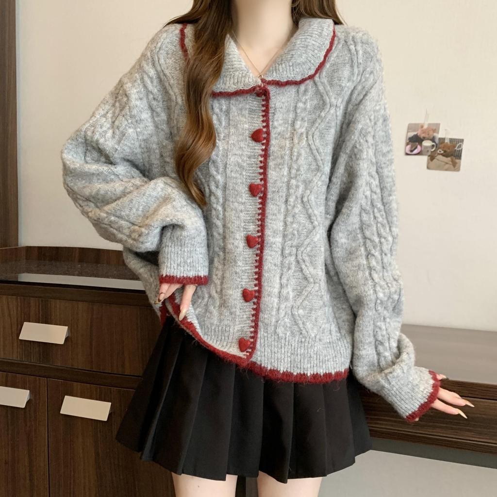 Koreanischer Stil Herzknopf Zopfstrick-Cardigan mit Puppenkragen für Damen, perfekt für Herbst und Winter