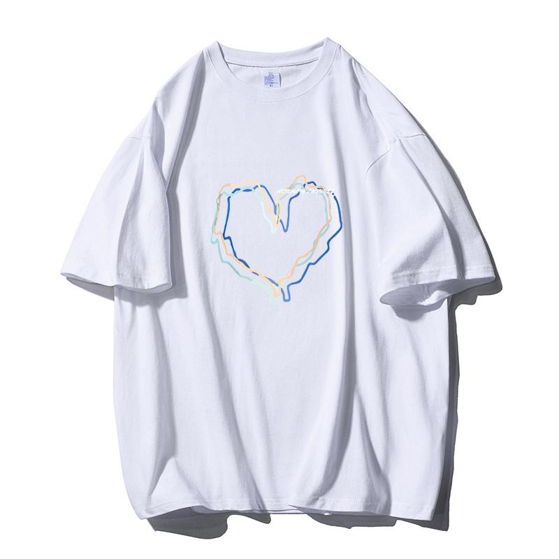 Shellsuning Loose O Neck Cotton Printed Shirts Women Summer Kawaii Heart Graphic Tees Female Casual Short Sleeve Base Black Tops