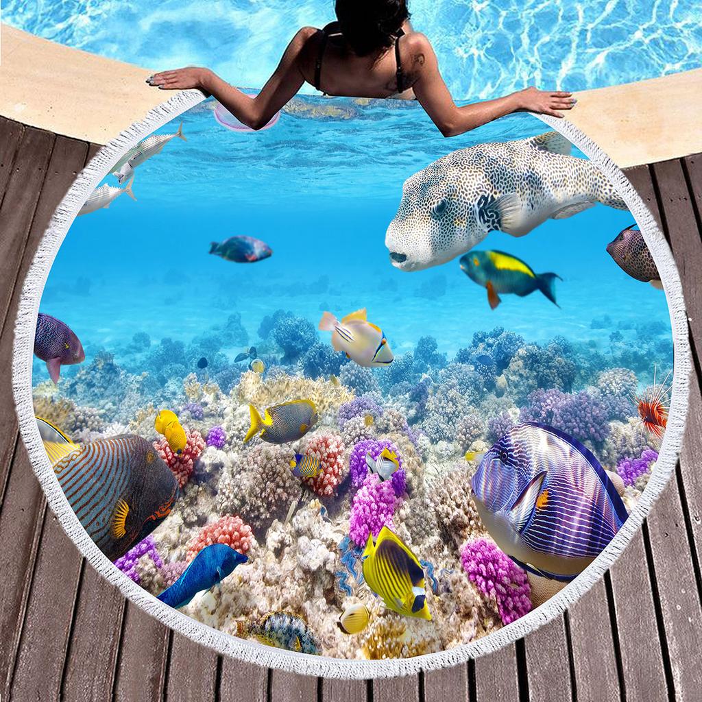 Ocean Hawaiian Tropical Sea Fish Print Round Beach Towel, Soft Microfiber Sealife Beach Blanket,Absorbent Quick Dry Pool Towel