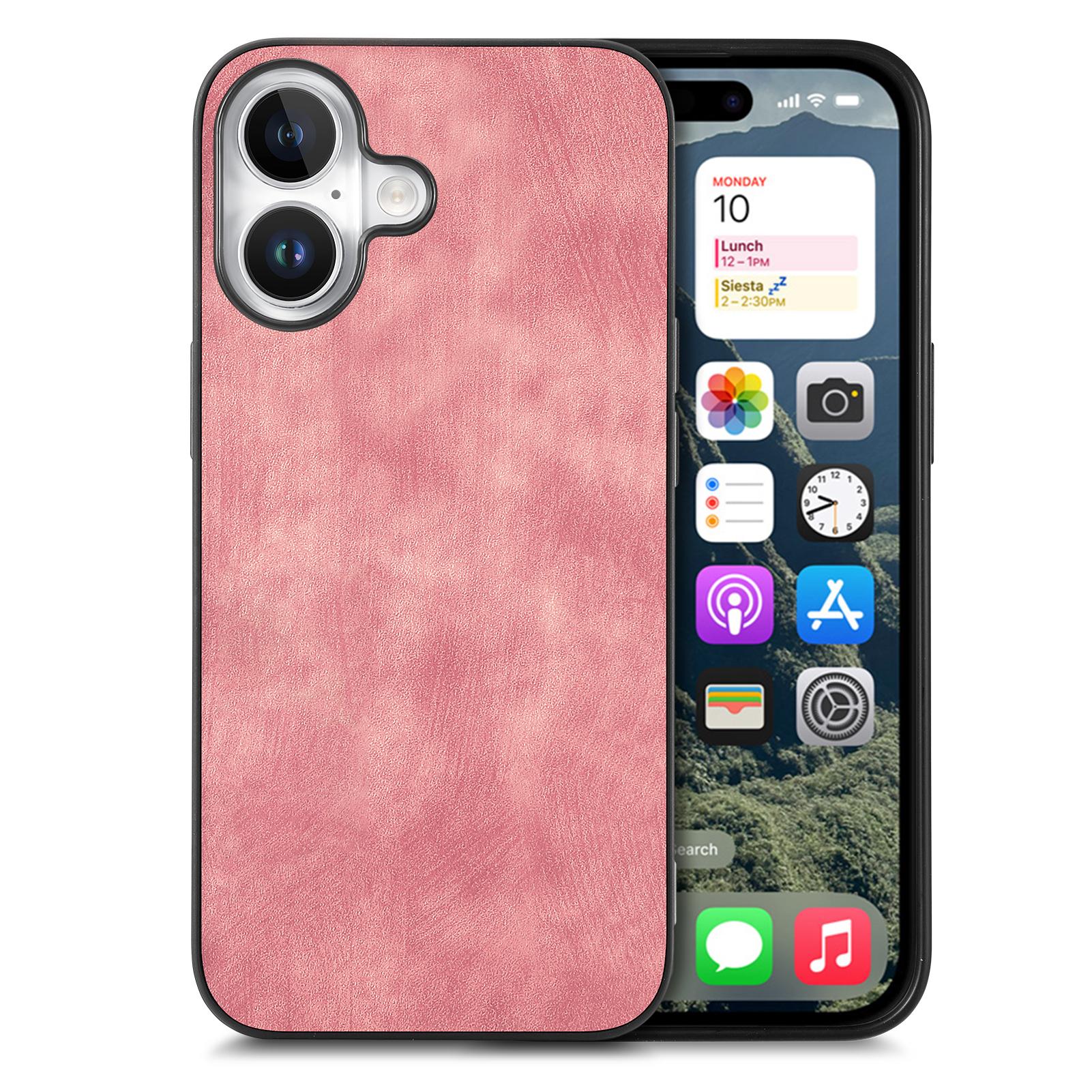 

For iPhone 16 Plus Case Retro Leather+TPU Shockproof Protective Phone Cover Pink