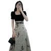 Elegant Summer Guochao Ink Print Dress: Women's Waist-Cinched, Slimming Mid-Length Skirt