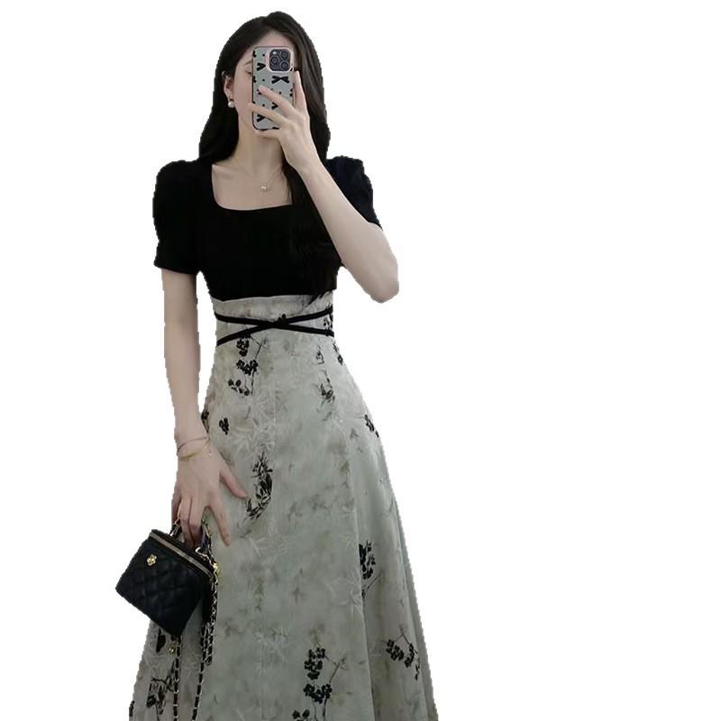 Elegant Summer Guochao Ink Print Dress: Women's Waist-Cinched, Slimming Mid-Length Skirt
