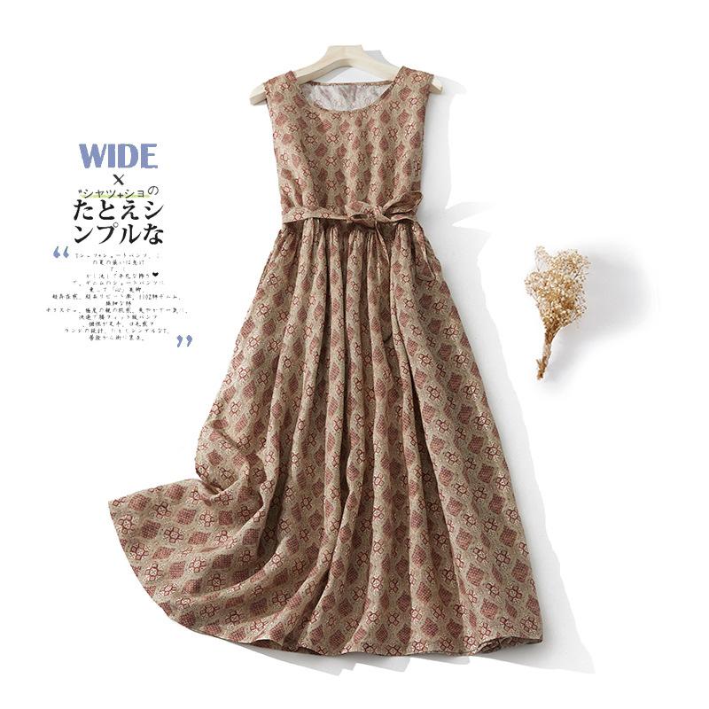 

Лето 2025 Новое платье без рукавов с круглым вырезом и принтом из рами, свободное легкое платье выше колена на шнуровке в стиле ретро 2XL