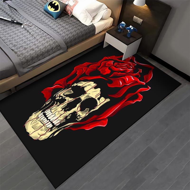 Skull Rose Printed Flannel Non-slip Carpet Suitable for Living Room and Bedroom