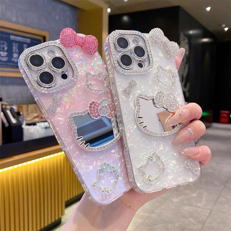 Applicable Apple 17Promax Bow Mirror Kt Cat Iphone16 Rhinestone Luxury 15Plus Creative All-Inclusive